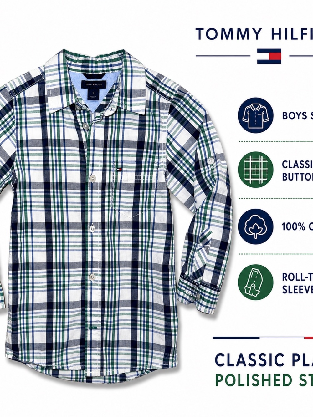 Tommy Hilfiger Boys Navy, White & Green Plaid Button-Down Shirt